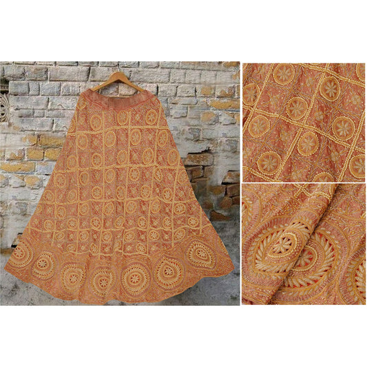 Sanskriti Vintage Brown Long Skirt Pure Tissue Silk Hand Beaded Ethnic Stitched
